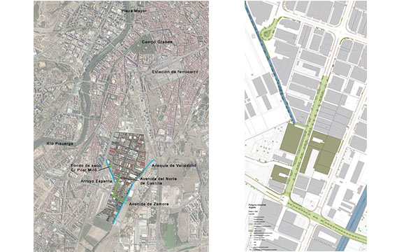 Izquierda: Localizacin del polgono de Argales al Sur de la ciudad. / Drecha: Corredor verde-azul y fondo de saco de la calle Pilar Mir